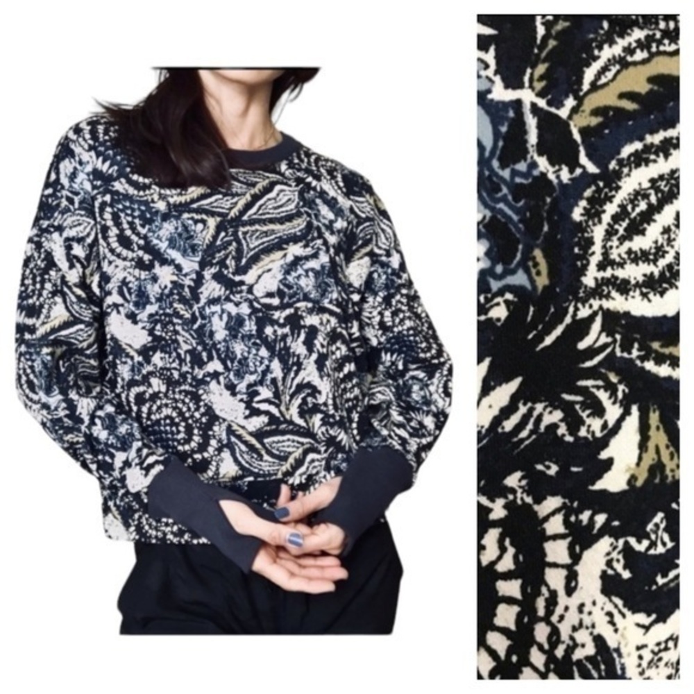 Joie Blue White Floral Paisley Print Caleigh Drop Shoulder Cropped Sweatshirt